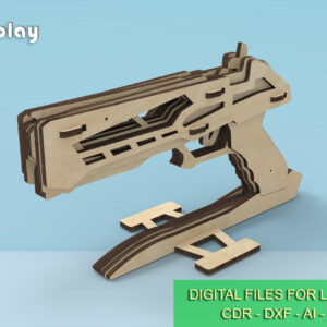 Wooden rubber band gun with stand and targets. Laser cut files