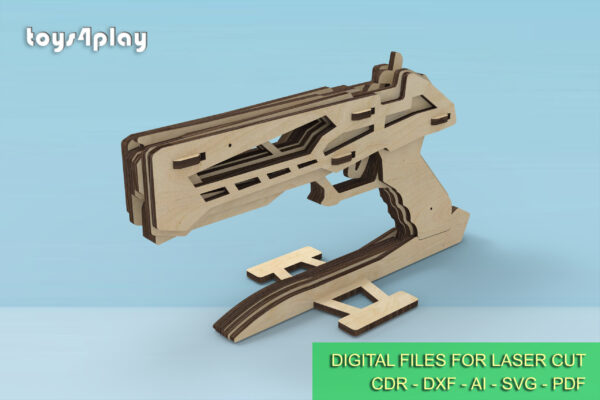 Wooden rubber band gun with stand and targets. Laser cut files