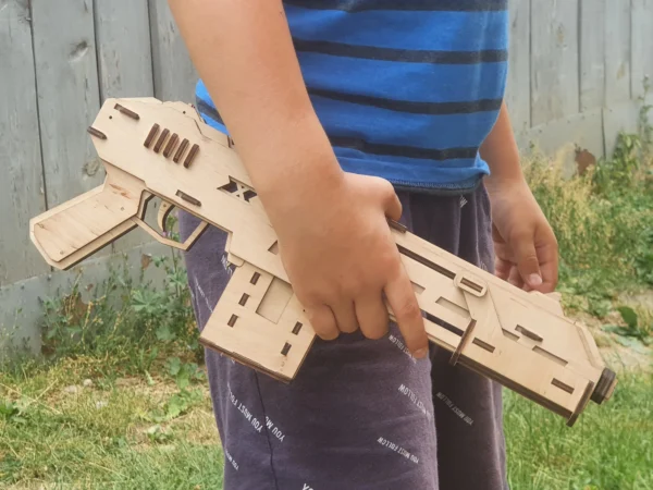 Rubber band-powered shotgun and targets. Laser cut files