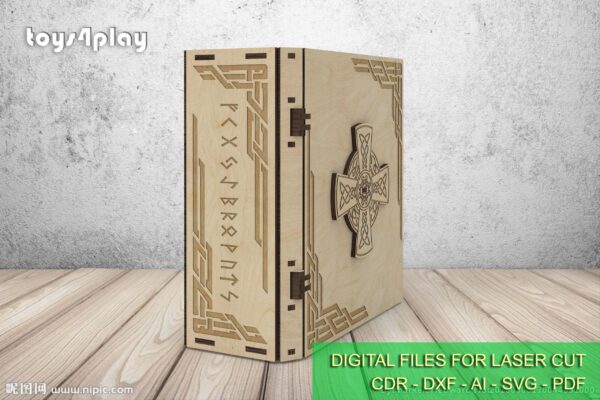 Laser Cut Wooden Book Box for 2 Glasses, Keepsake Box with a celtic ornament - Image 5