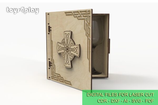Laser Cut Wooden Book Box for 2 Glasses, Keepsake Box with a celtic ornament - Image 4