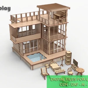 Modern two-story TAKO2 dollhouse with a pool and furniture