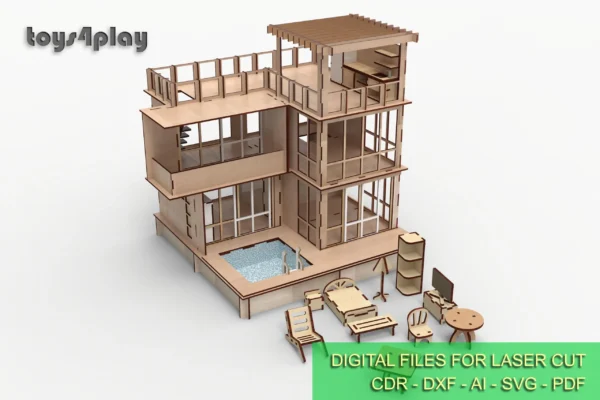 Modern two-story TAKO2 dollhouse with a pool and furniture