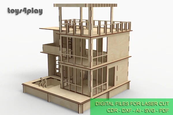 Modern two-story TAKO2 dollhouse with a pool and furniture - Image 2
