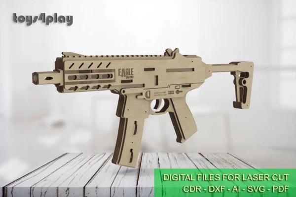 Small rubber band submachine gun and targets. Laser cut files