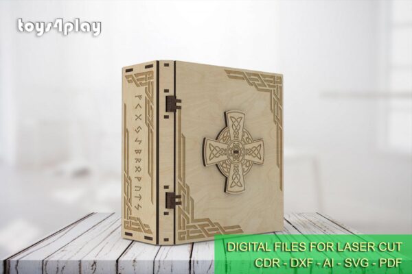 Laser Cut Wooden Book Box for 2 Glasses, Keepsake Box with a celtic ornament