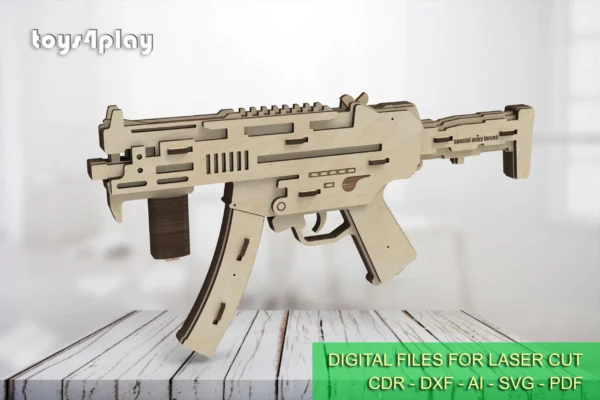 Toy submachine rubber band gun and targets. Laser cut files