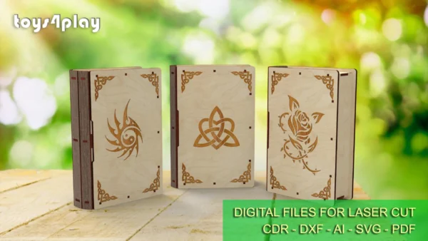Laser cut Slider Wooden Book Box, 5 Engraving Designs gift box, Laser Cut Files - Image 6