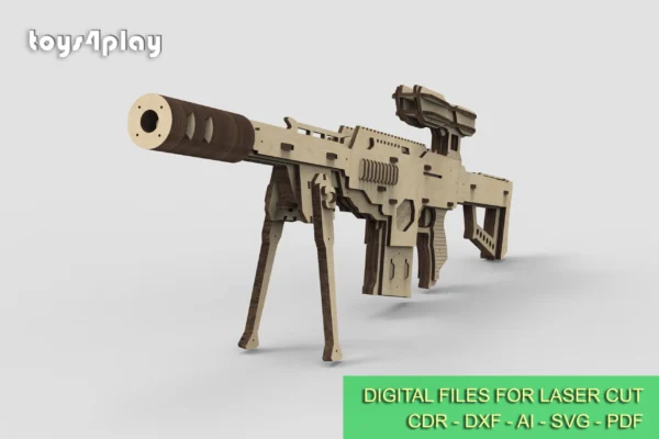 Rubber band gun like sniper rifle, 3rd from 4 and targets. Laser cut files