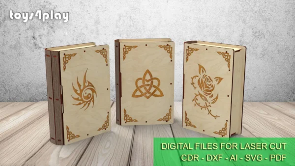 Laser cut Slider Wooden Book Box, 5 Engraving Designs gift box, Laser Cut Files - Image 5