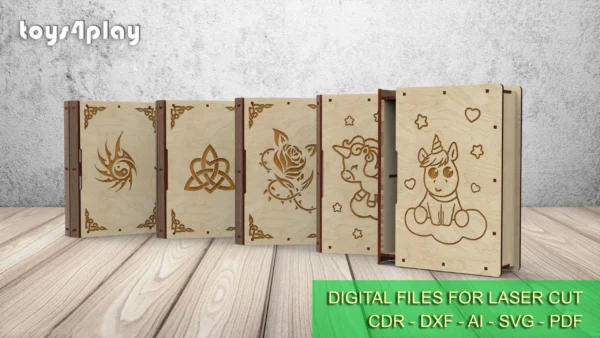 Laser cut Slider Wooden Book Box, 5 Engraving Designs gift box, Laser Cut Files - Image 4