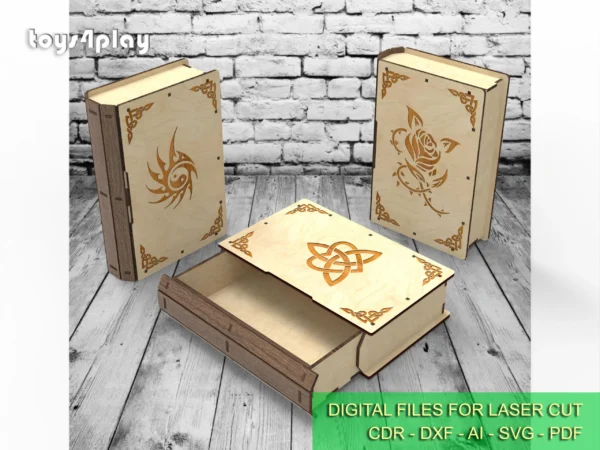Laser cut Slider Wooden Book Box, 5 Engraving Designs gift box, Laser Cut Files - Image 3