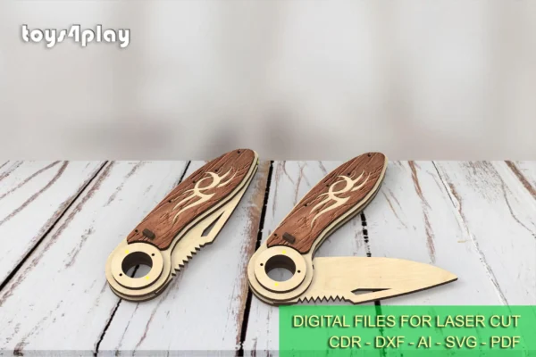 Laser Cut Wood Pocket Custom Knife, wooden folding knife. Laser cut files - Image 3