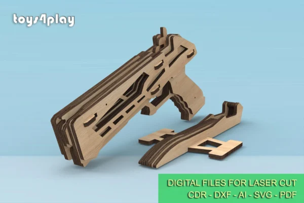 Wooden rubber band gun with stand and targets. Laser cut files - Image 5