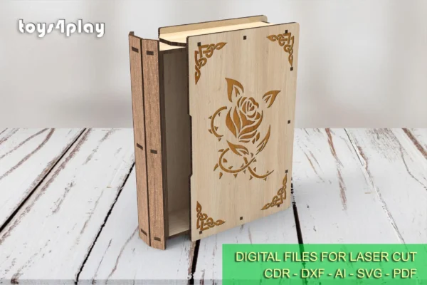 Laser cut Slider Wooden Book Box, 5 Engraving Designs gift box, Laser Cut Files